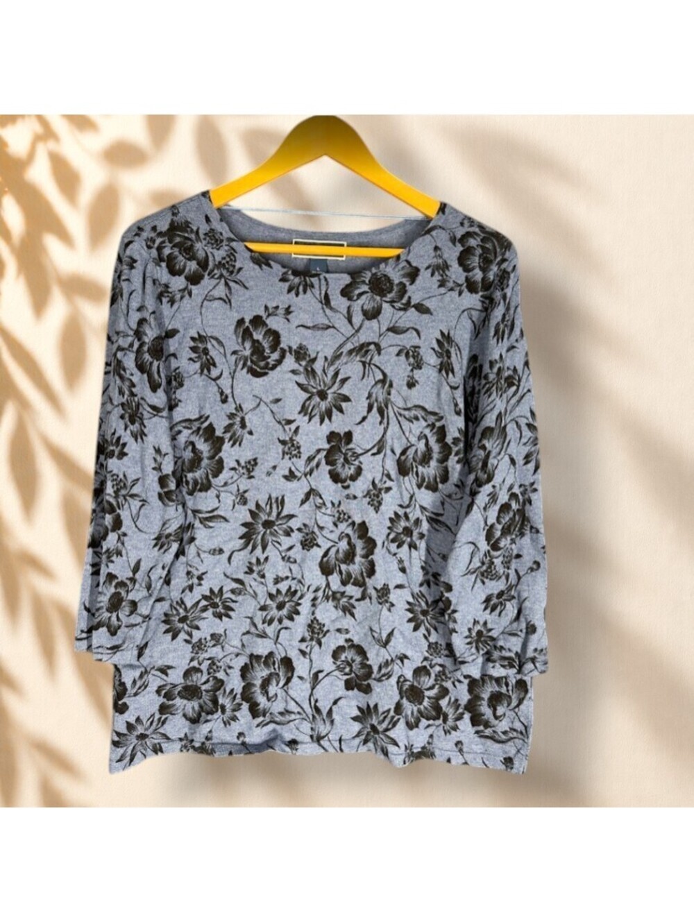 Karen Scott Sweater Pullover Women L Large Blue Floral Knit 3/4 Sleeve Soft Cozy